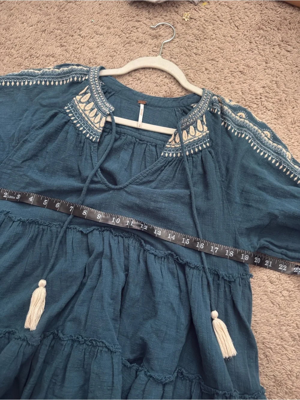FP Cotton Boho Embroidered V-Neck Tunic Dress - Blue